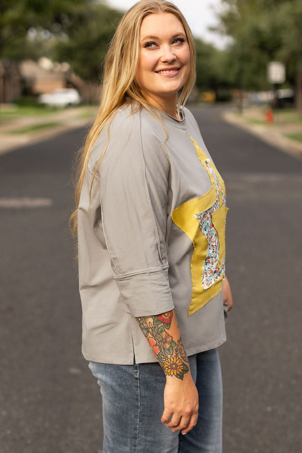 Chic grey floral star top - plus sizes - Love Salve